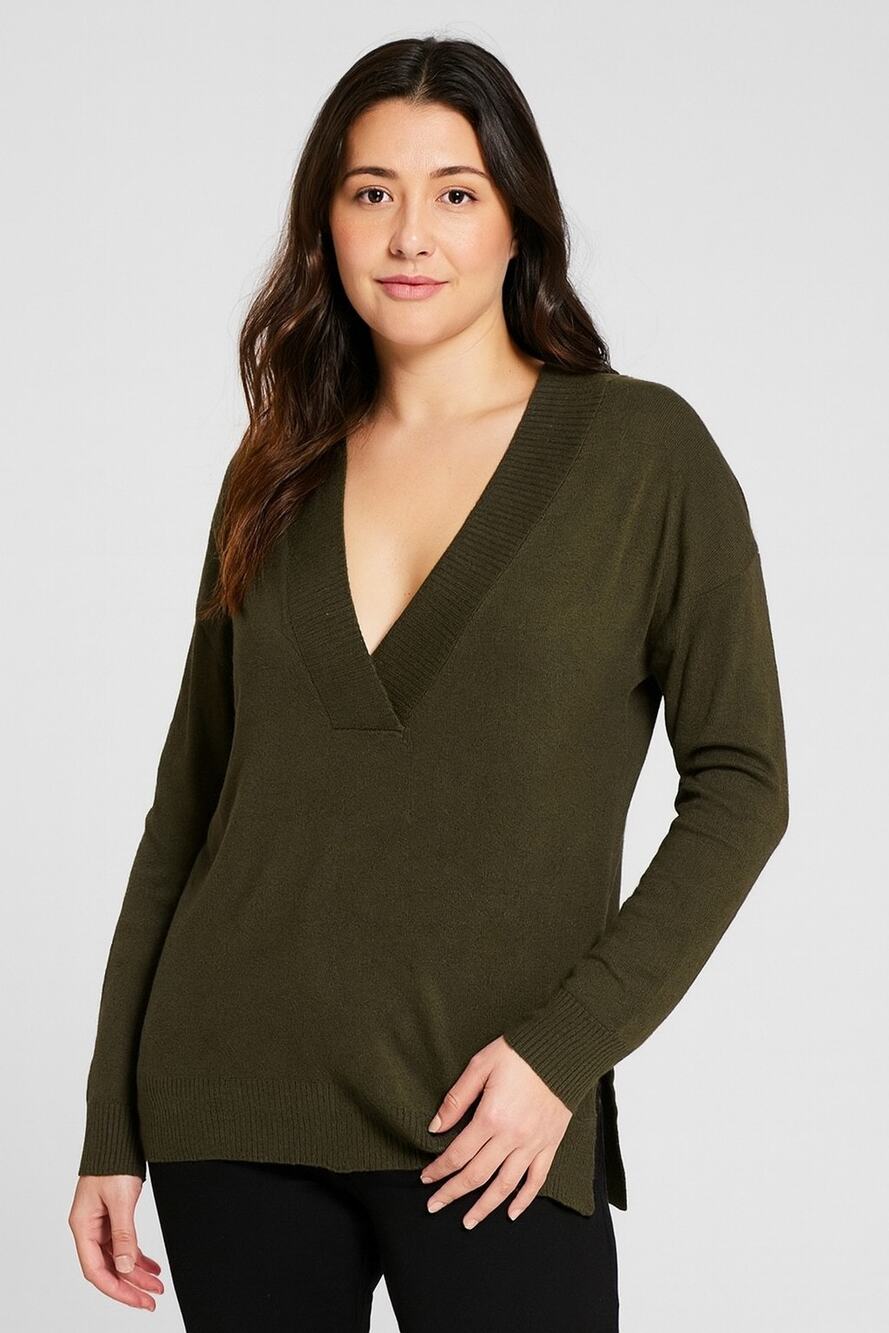 RDI Womens XS Tunic Sweater Dark Green V Neck Oversized Solid Stretch NWOT